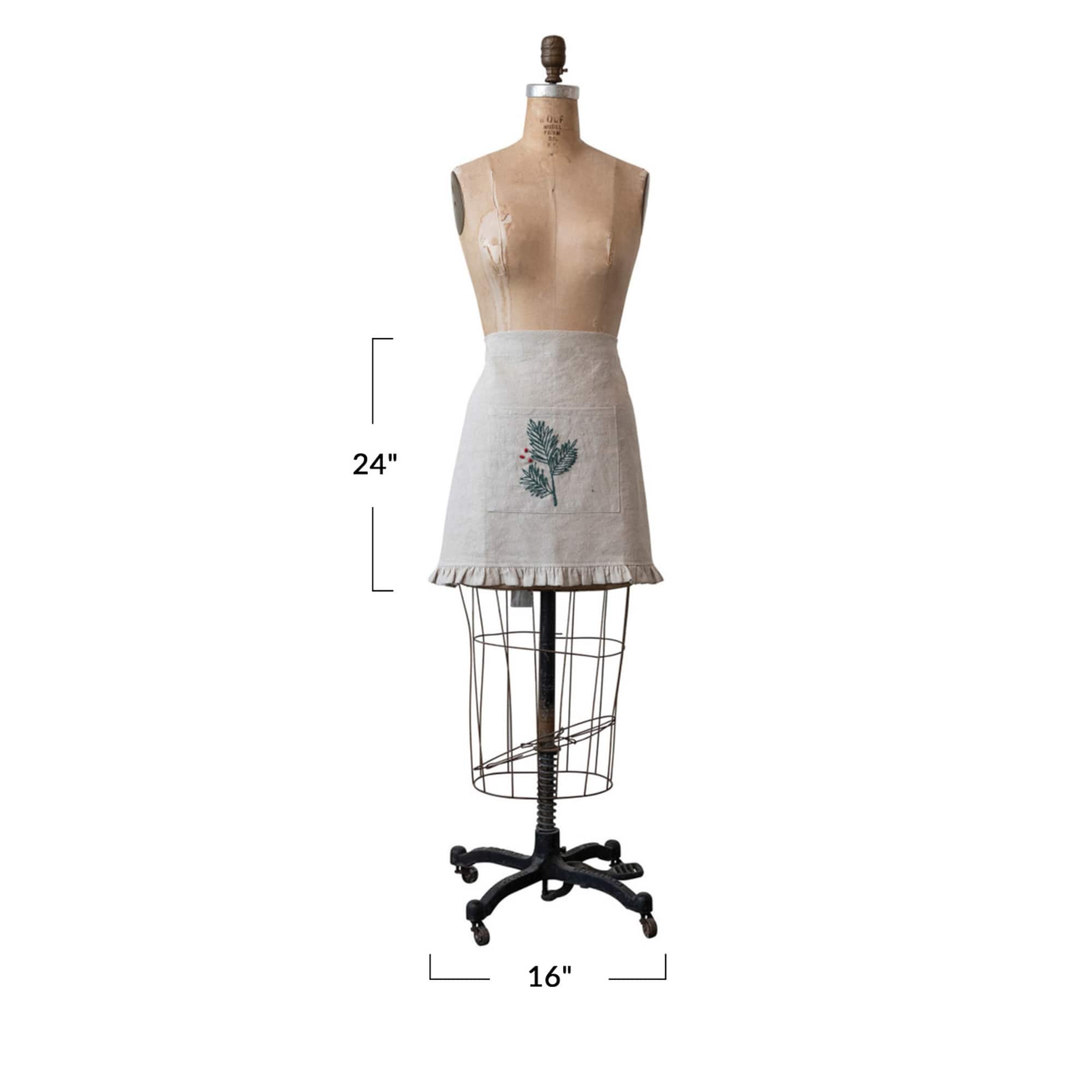 Hello Honey® Natural, Green & Red Woven Cotton & Linen Half Apron with Hand-Embroidered Holly, French Knots, Pocket & Ruffle